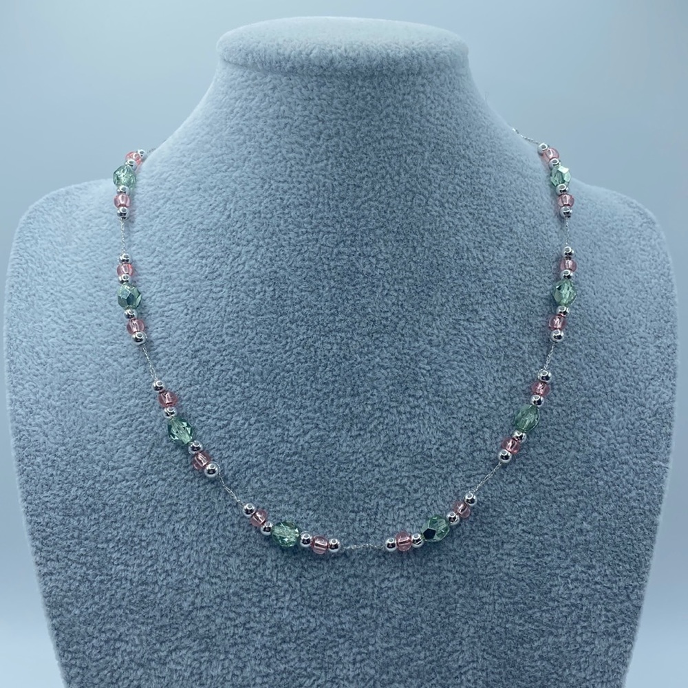 Green Pink and Silver Beaded Necklace